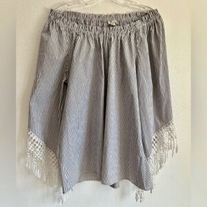 Spense Boho Festival Fringe Off-the-Shoulder Gray White Striped Blouse Top XL